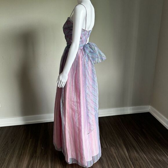 Vintage Enchanted Fairy Princess Metallic Striped Bow Gown Dress - Picture 5 of 14